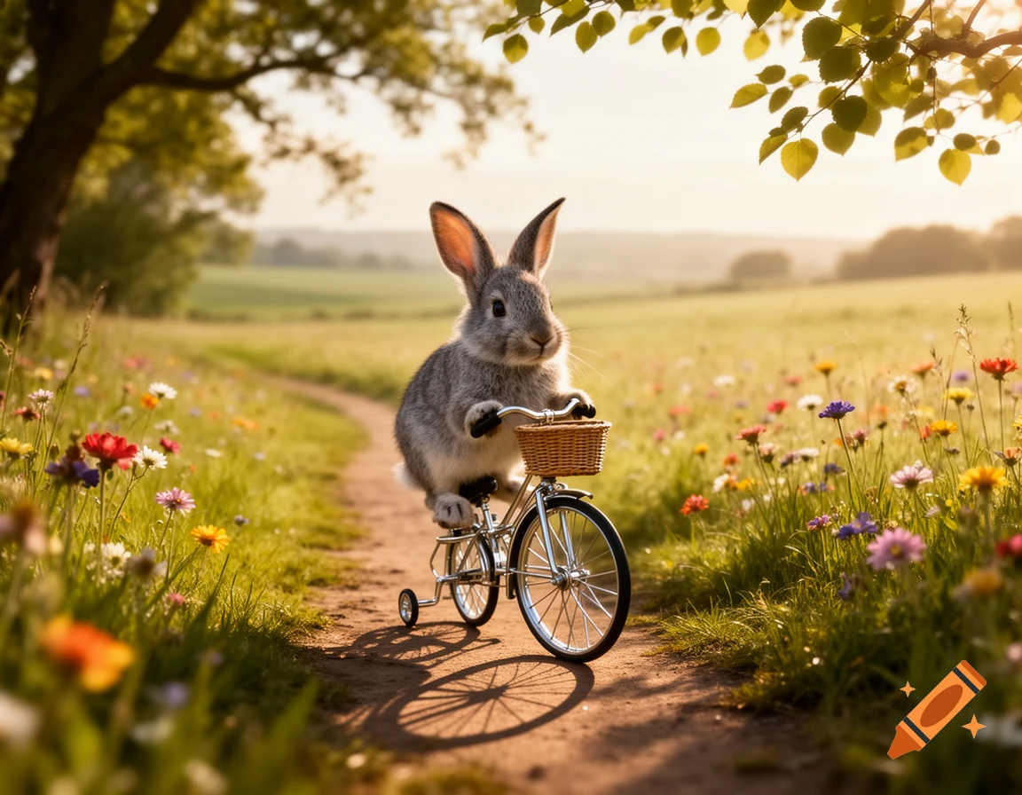 Lp Cover Rabbit Riding A Bike Rack A photorealistic rabbit rides a tiny bicycle with a basket down a dirt ...