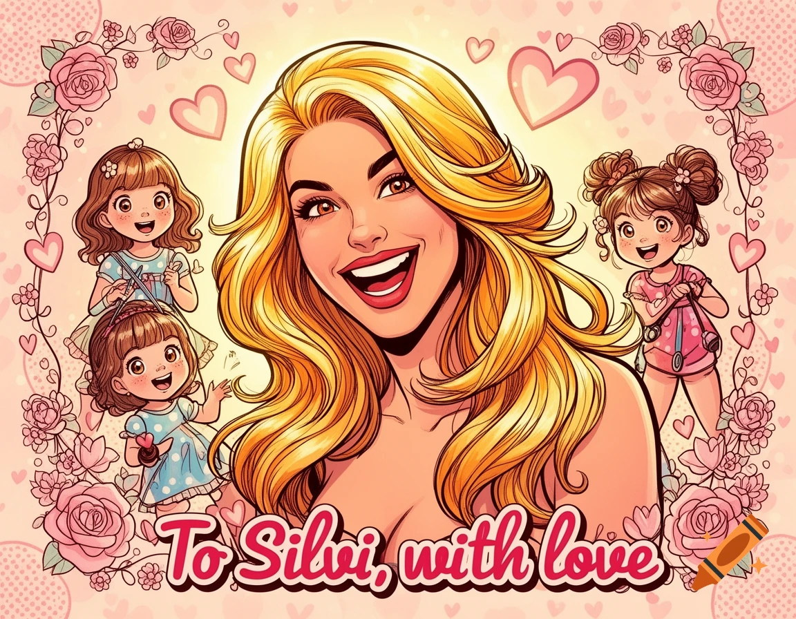 A comic illustration of a blonde woman, two young girls, roses, and hearts, with text 'To Silvi, with love'.