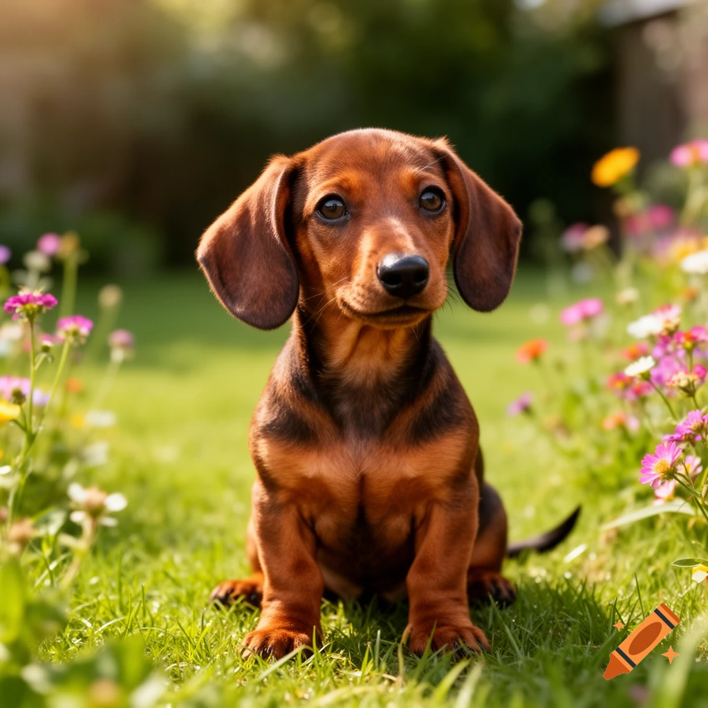 A brown and black dachshund puppy sits in a sunny green garden surrounded by colorful flowers.
