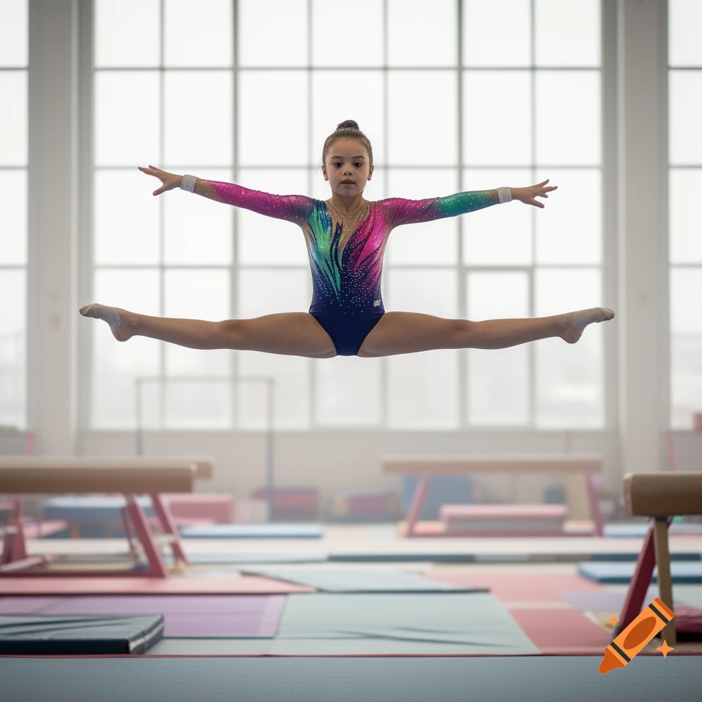 A young female gymnast in a colorful leotard performs a split jump mid-air in a brightly lit gym.