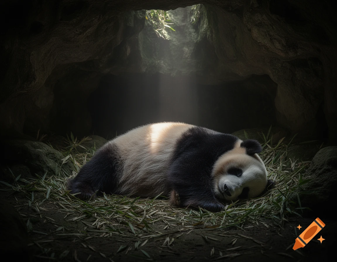 A photorealistic image of a panda sleeping soundly on bamboo leaves inside a dark cave, illuminated by a beam of light from above.