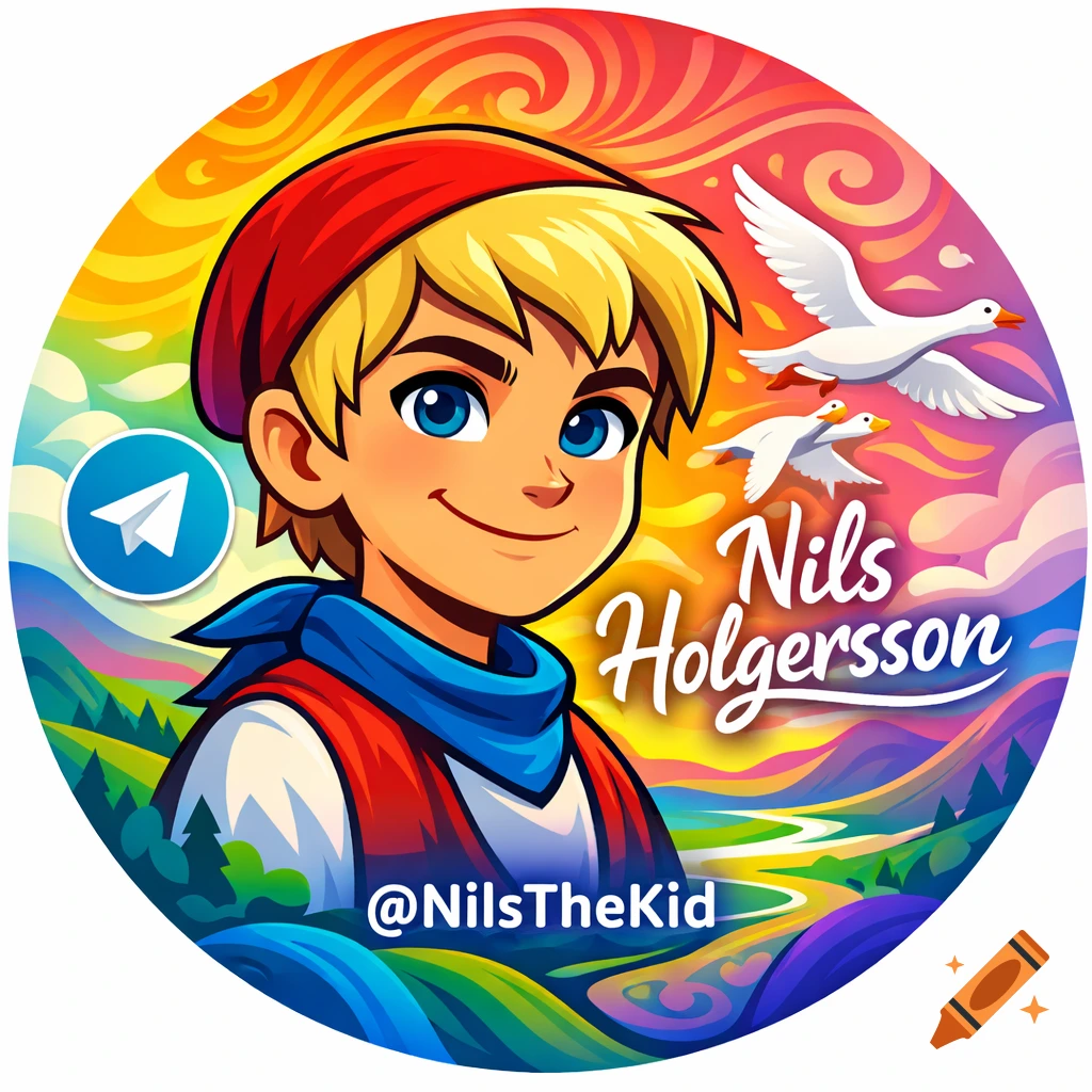A vibrant circular profile photo of a smiling blonde cartoon boy in a red cap and blue scarf, with two white geese flying behind him against a psychedelic landscape and colorful sky. Text reads "Nils Holgersson" and "@NilsTheKid" with a Telegram logo.