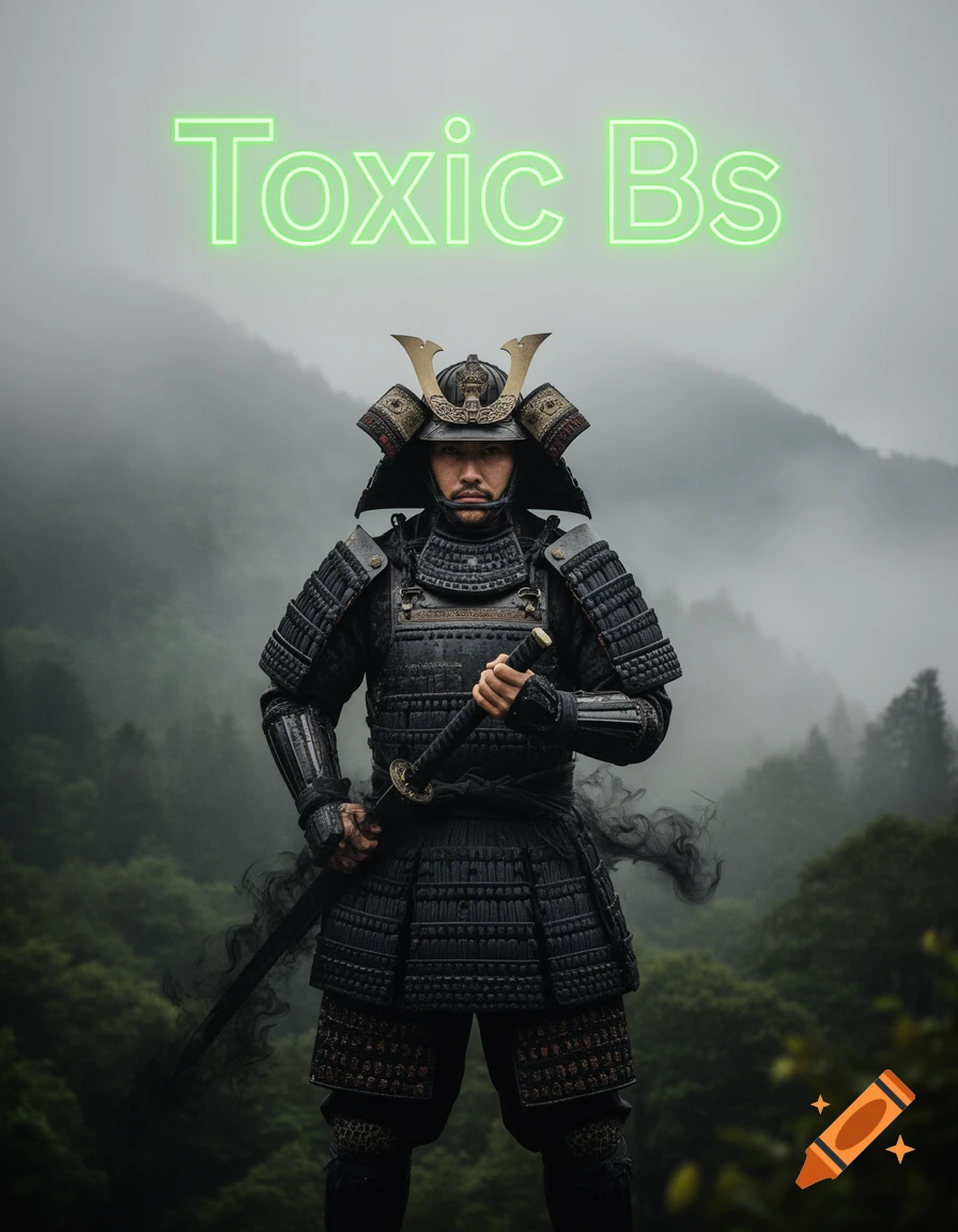 A stoic samurai in black armor holds a katana, standing in a misty mountain forest with neon green text 'Toxic Bs' above.