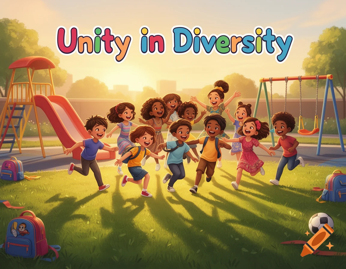 Diverse cartoon children play in a sunny park playground with a slide and swings, under 'Unity in Diversity'.