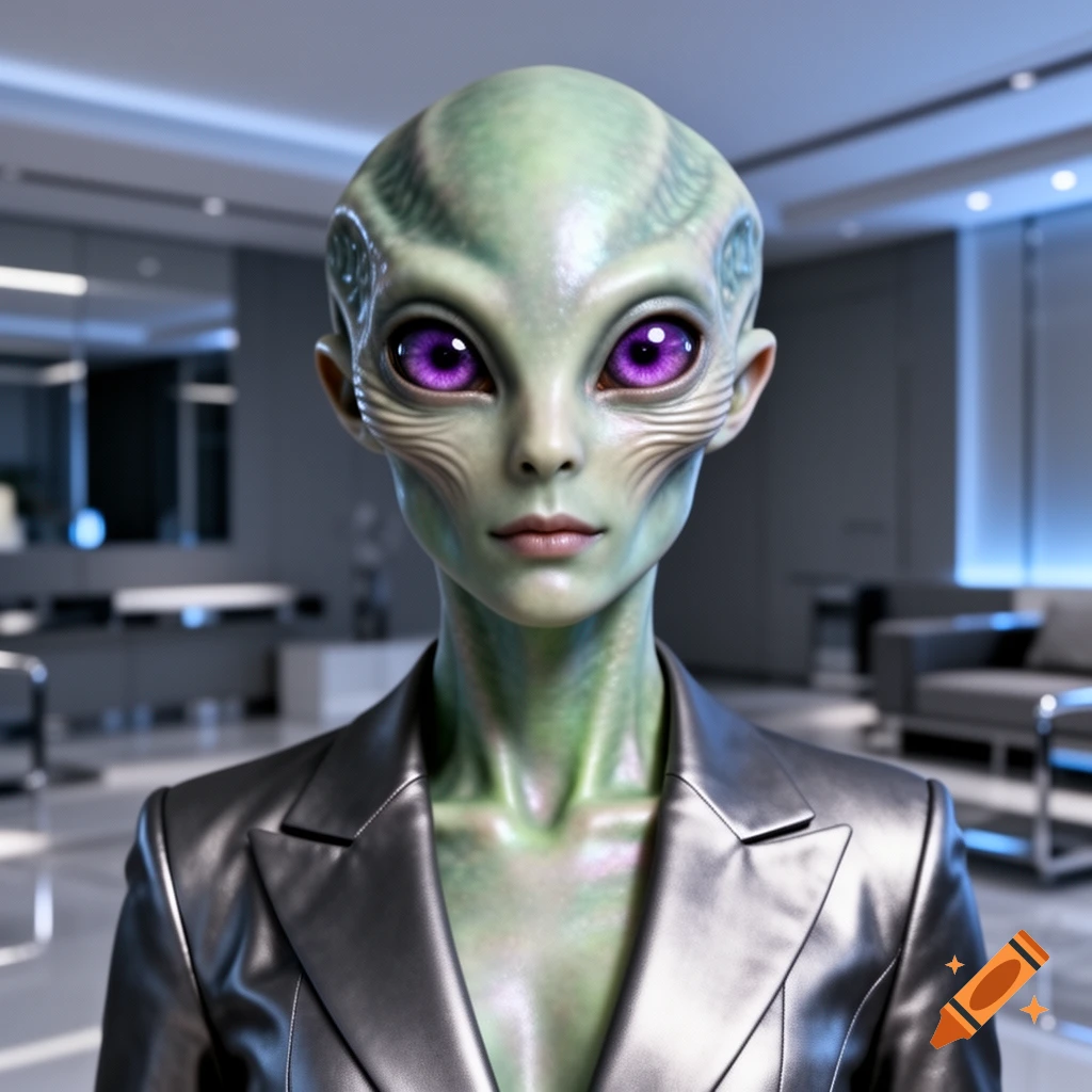 Photorealistic portrait of a green-skinned alien with large purple eyes wearing a silver suit jacket in an office setting.