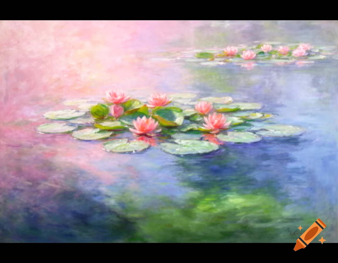 Impressionistic painting of pink water lilies and lily pads floating on a calm pond, reflecting soft pink, blue, and green light.