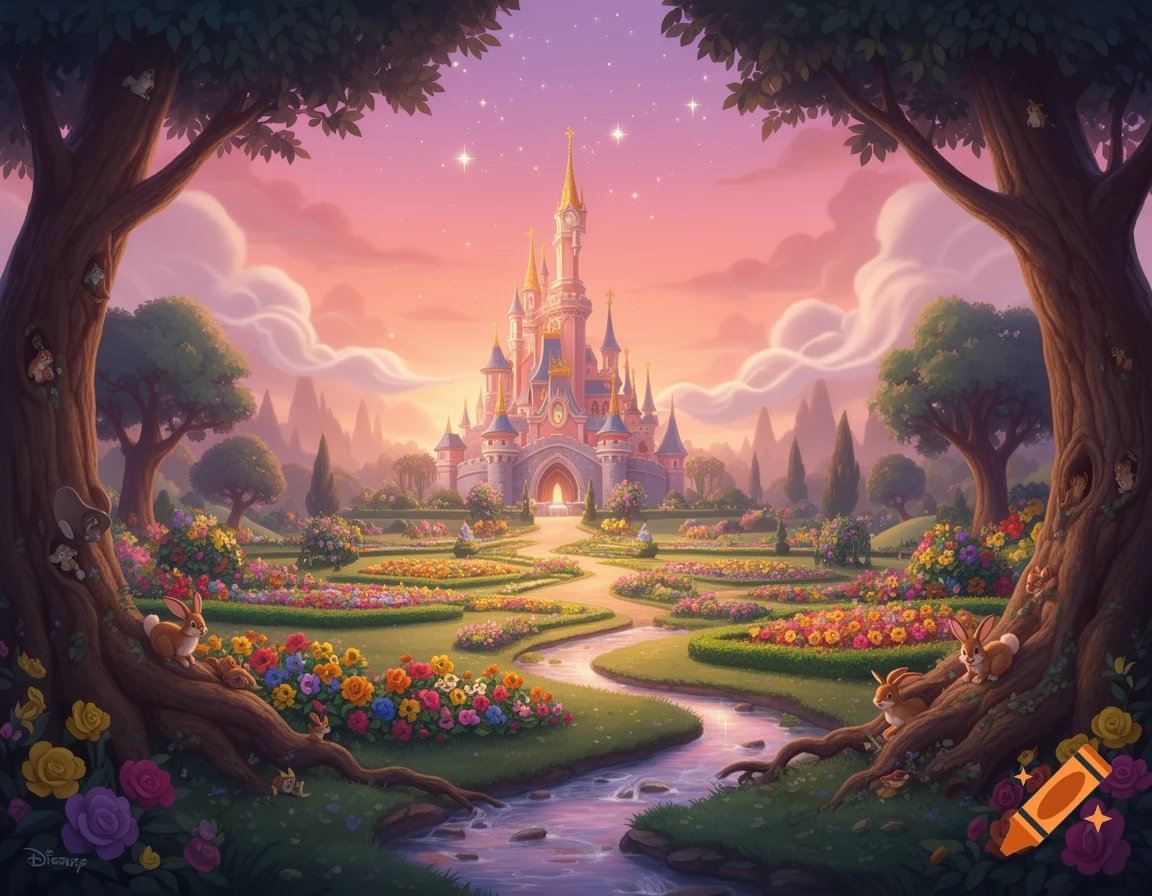 Whimsical fairytale castle with pink spires at sunset, framed by trees, a winding river, and vibrant flower gardens with rabbits.