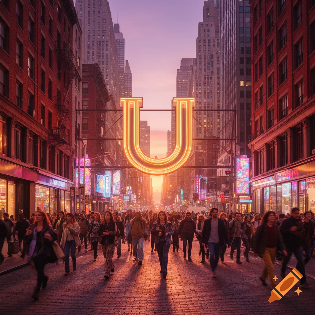 A photorealistic image of a large glowing neon orange letter U suspended above a bustling city street at sunset, filled with people walking.