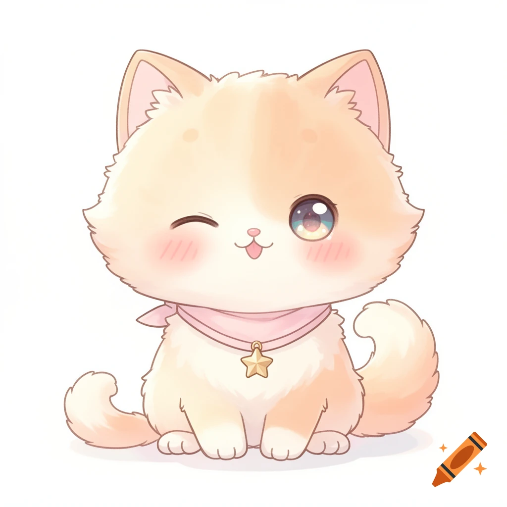 A cute, fluffy cream and peach kawaii cat winking, blushing, and wearing a pink bandana with a star charm.