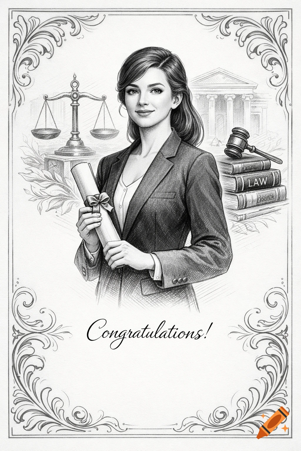 Pencil sketch of a smiling woman in a suit holding a diploma, surrounded by legal symbols and "Congratulations!" text.