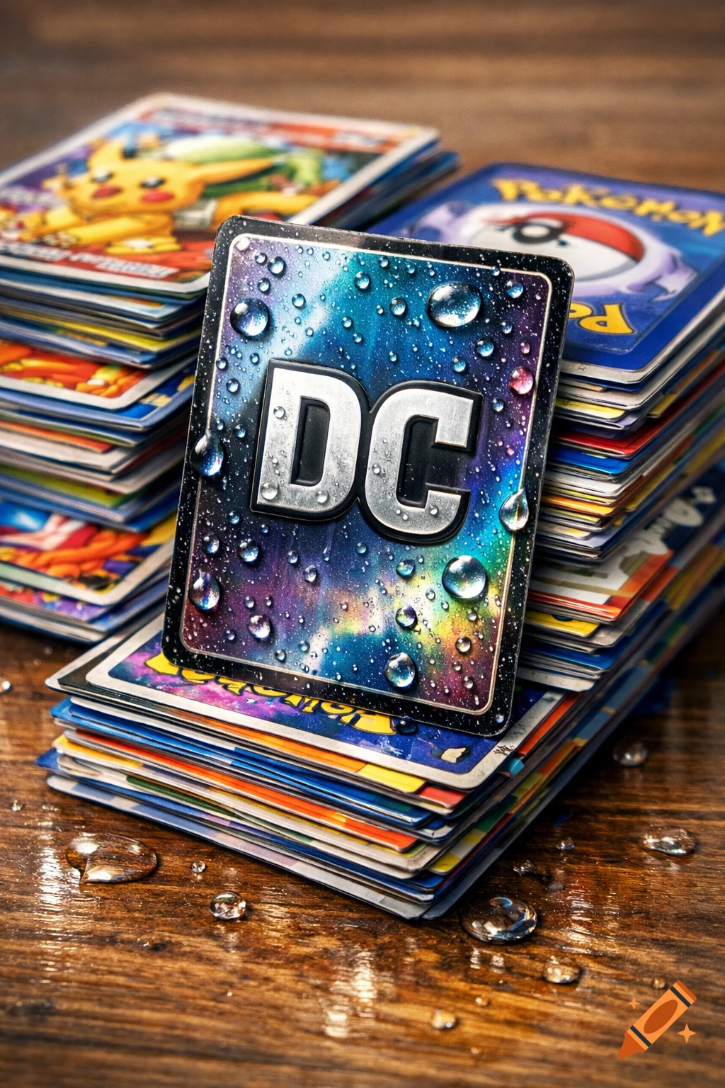 A photorealistic close-up of a stack of colorful Pokemon trading cards with a shiny DC card covered in water drops on a wooden table.
