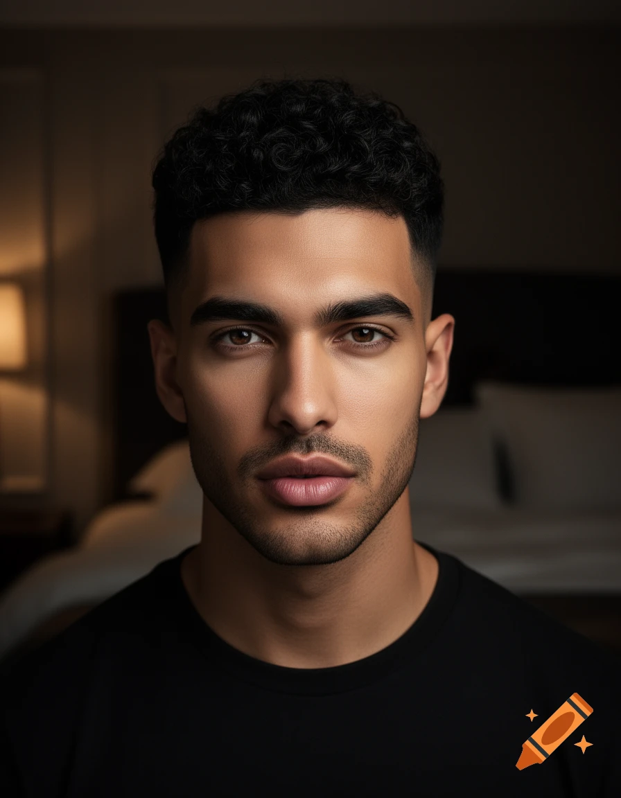 A close-up portrait of a handsome man with short curly dark hair and a crisp hairline, wearing a black t-shirt in a dim room.