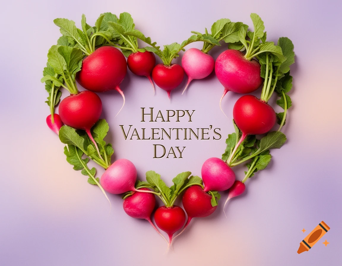 Photorealistic image of red and pink radishes and green leaves forming a heart with 'HAPPY VALENTINE'S DAY' text on a purple background.