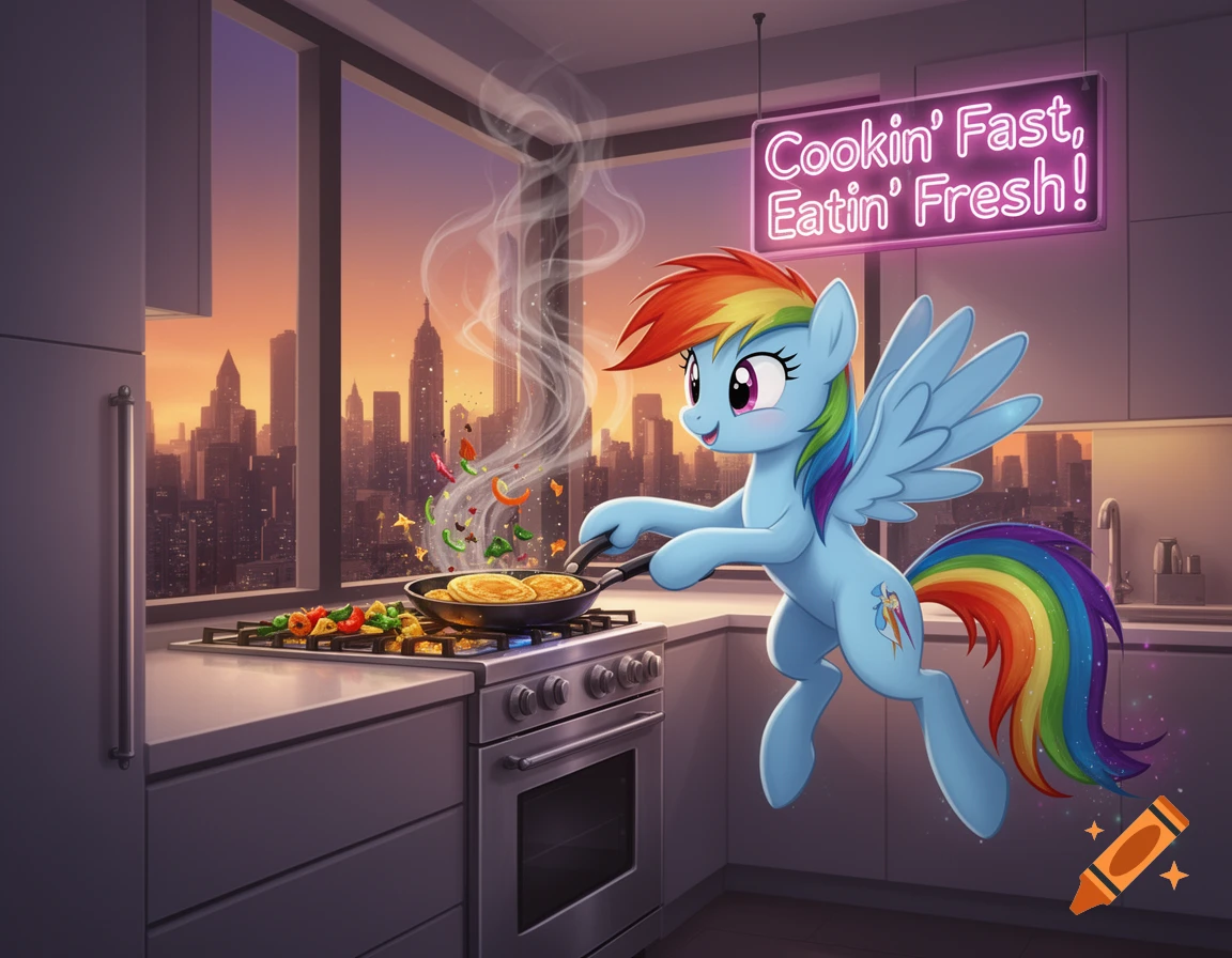 Rainbow Dash, a blue pegasus pony, cooks pancakes and vegetables in a kitchen overlooking a city skyline at sunset. A neon sign says 'Cookin' Fast, Eatin' Fresh!'.