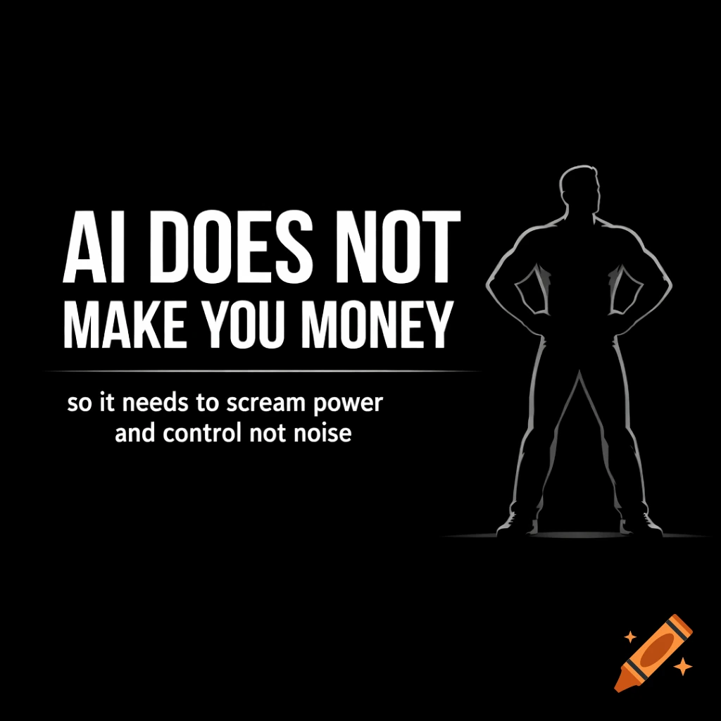Minimalist black background with white text 'AI DOES NOT MAKE YOU MONEY so it needs to scream power and control not noise' next to a silhouetted man.