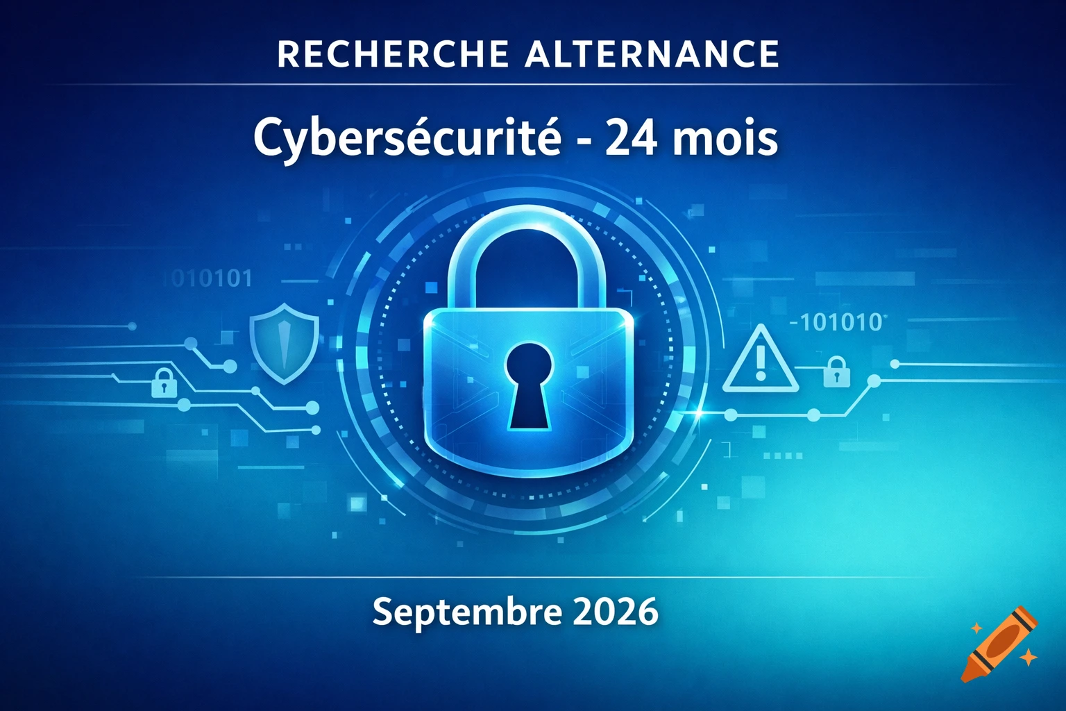 Modern graphic design for cybersecurity internship. Blue background with a central glowing padlock, security icons, and text.