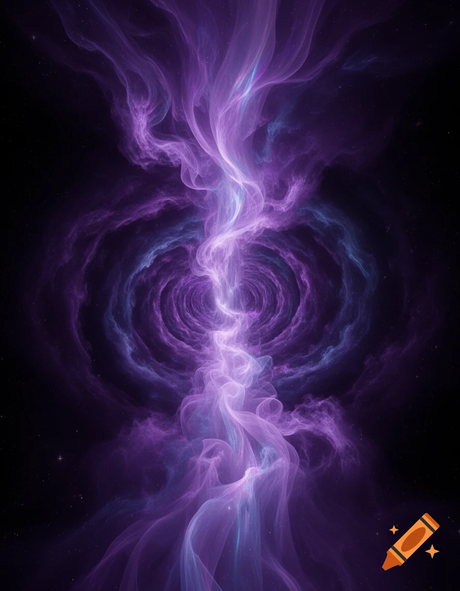 Abstract swirling purple and blue cosmic energy forming a central vortex and rings in a dark starry space.