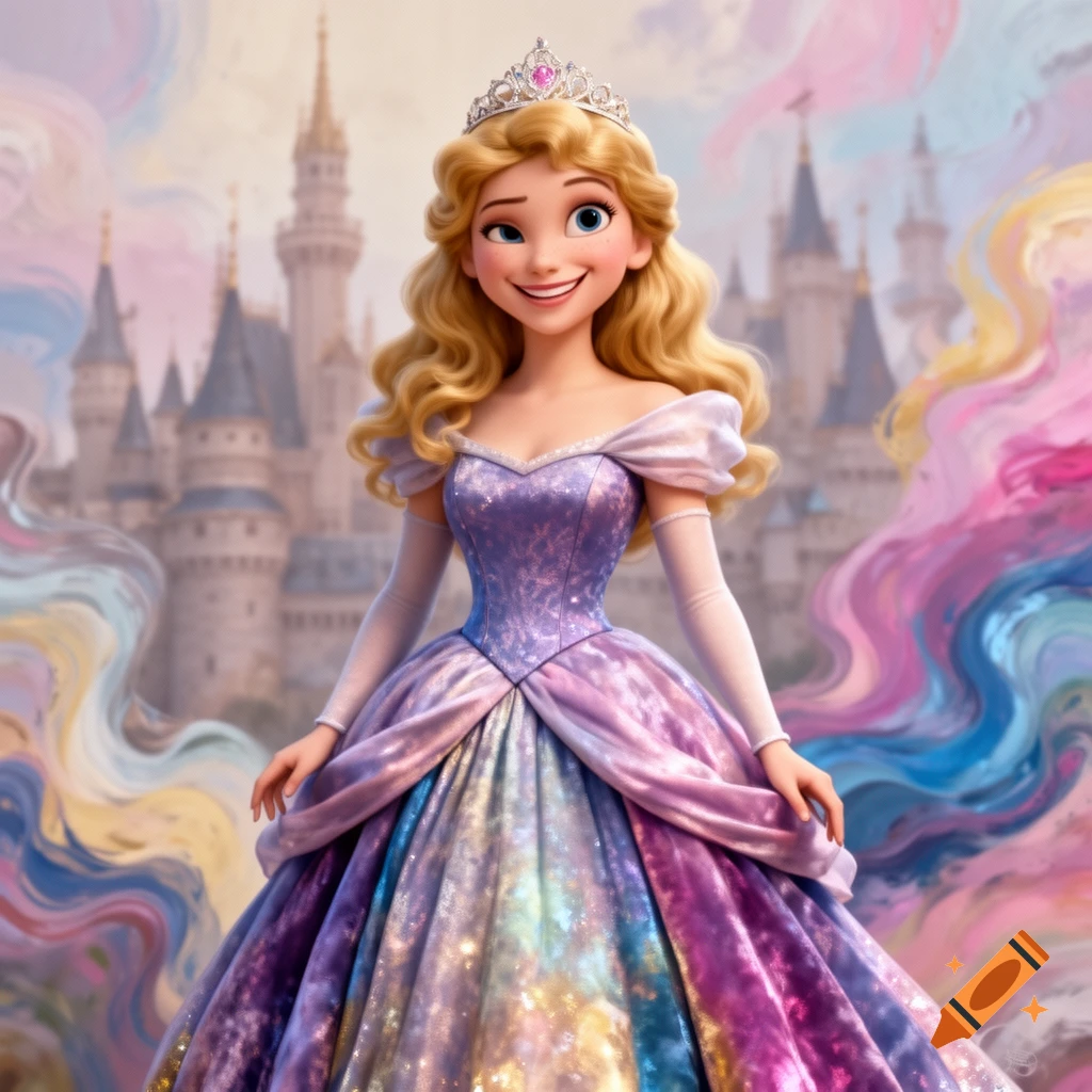 Colorfuln Princess A blonde princess in a shimmering rainbow and purple gown and tiara ...