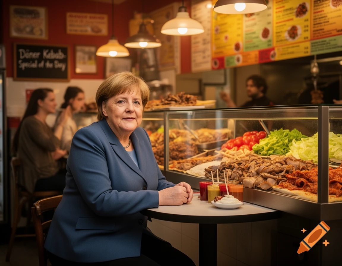 Angela Merkel smiles while sitting at a table in a bustling döner kebab ...