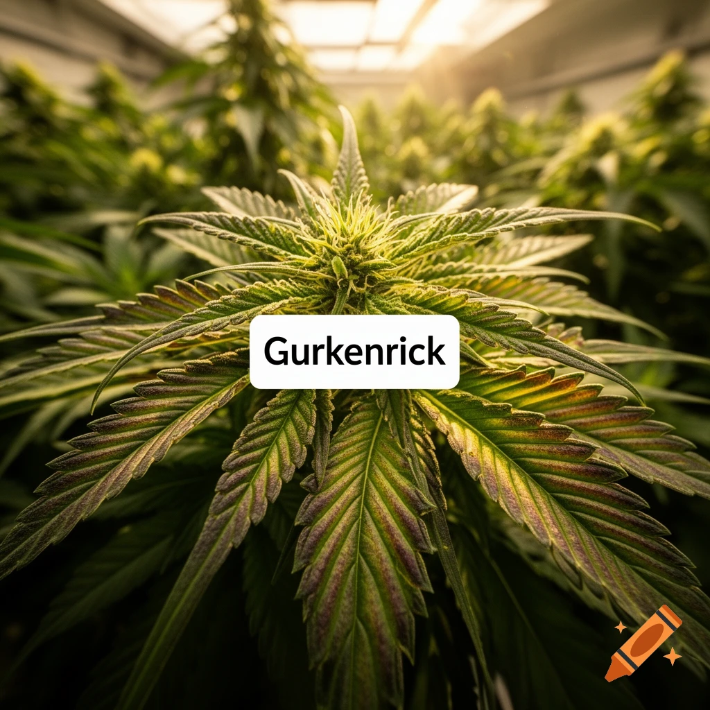 Close-up, photorealistic image of cannabis plants in an indoor grow facility with "Gurkenrick" text in the foreground.
