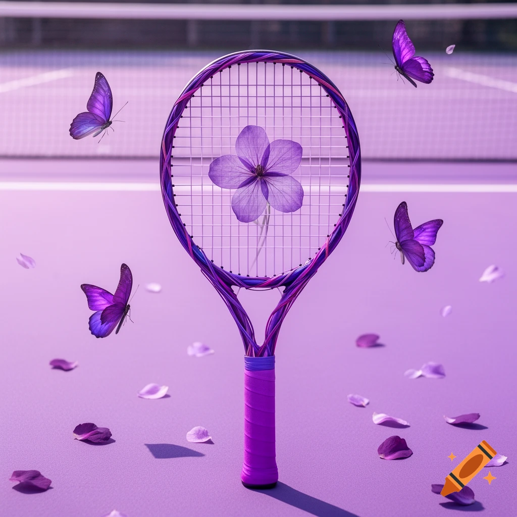 A purple tennis racket with a violet flower in its strings stands on a pastel purple tennis court, surrounded by purple butterflies and scattered petals.