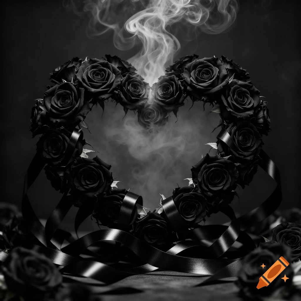 A gothic heart-shaped arrangement of black roses and ribbons with wisps of smoke against a dark background.