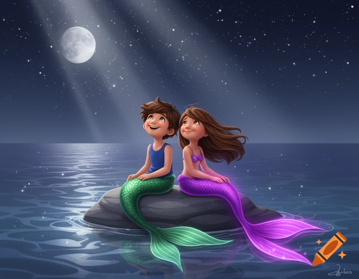 Cartoon illustration of a mermaid boy and girl sitting on a rock in the ocean at night, looking up at the moon and stars.