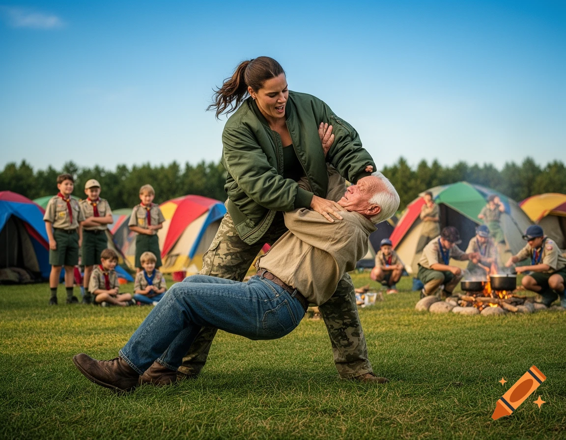 A woman in a bomber jacket wrestles an old man at a scout camp, observed by children and tents.