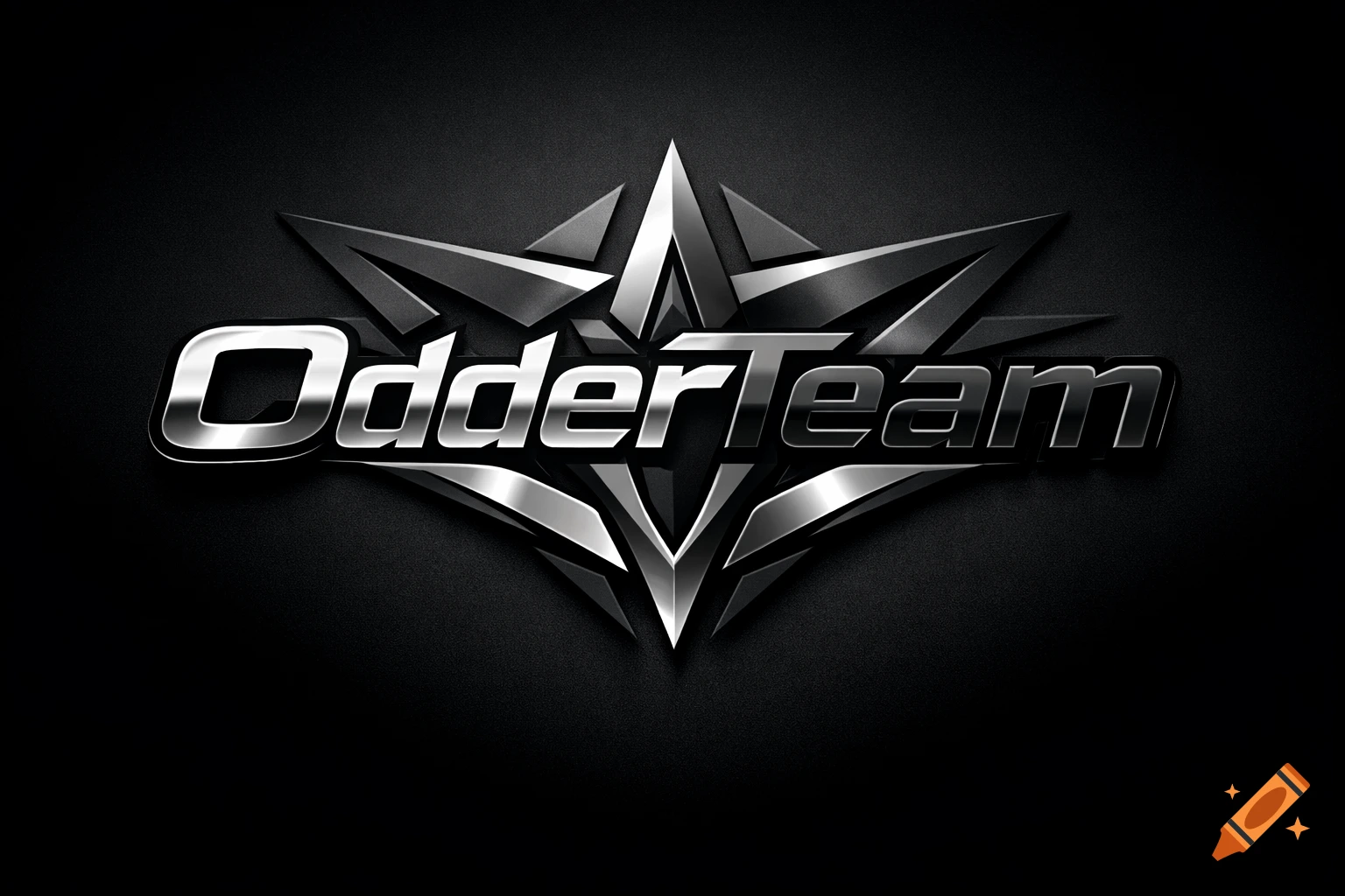 Metallic logo for 'OdderTeam' with sharp, star-like geometric shapes on a dark textured background.
