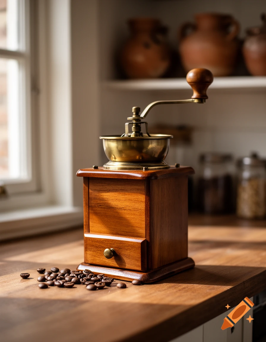 A vintage wooden and brass coffee grinder next to scattered coffee beans on a wooden counter, bathed in sunlight.