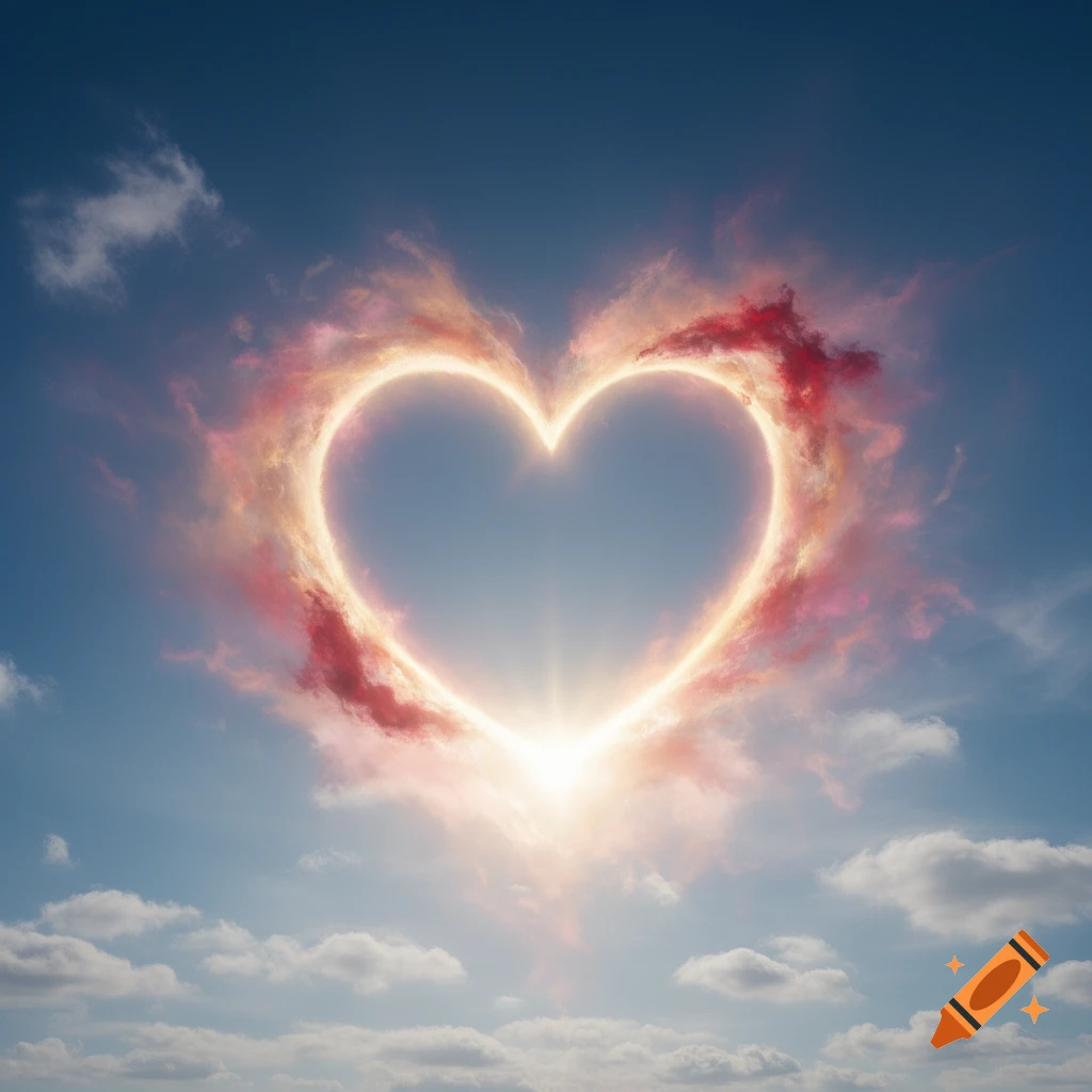 A radiant, glowing heart-shaped sun halo against a clear blue sky with white clouds.