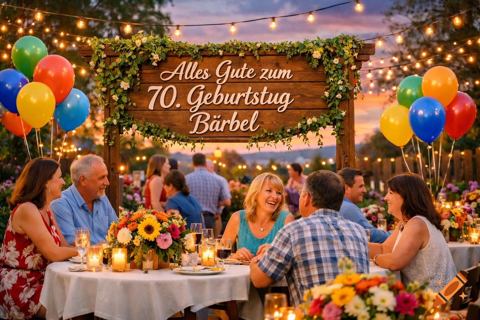 A vibrant outdoor 70th birthday party for Bärbel at dusk, with laughing guests, balloons, string lights, and a decorative wooden sign.