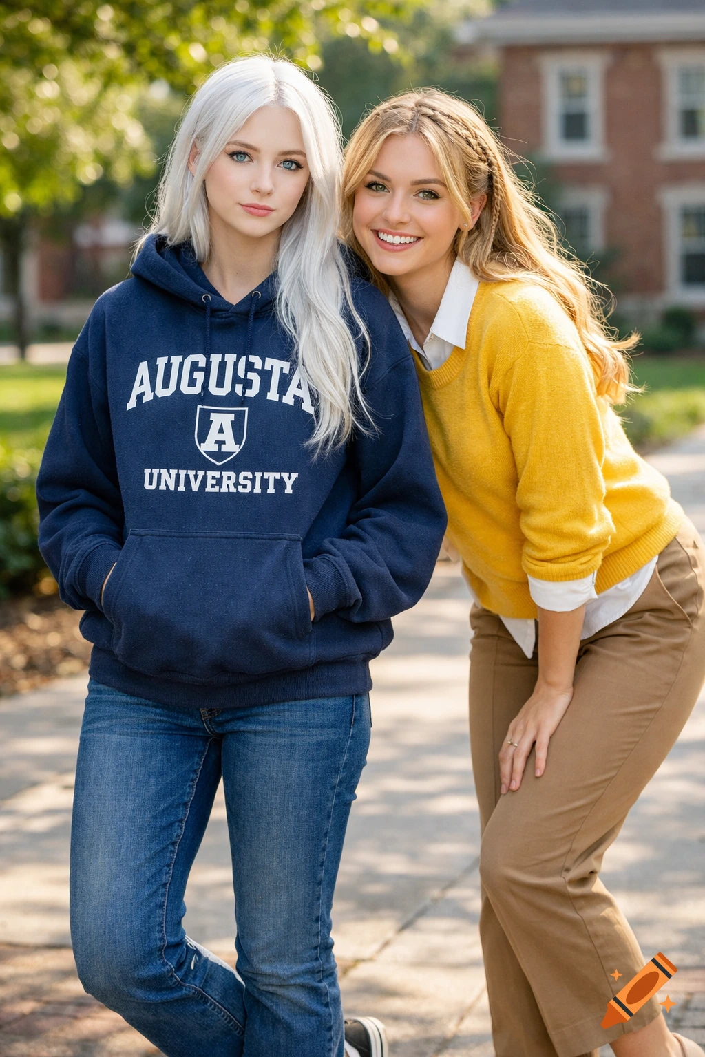 Two smiling young women, one with white hair in a navy hoodie, one with blonde hair in a yellow sweater, standing outdoors.