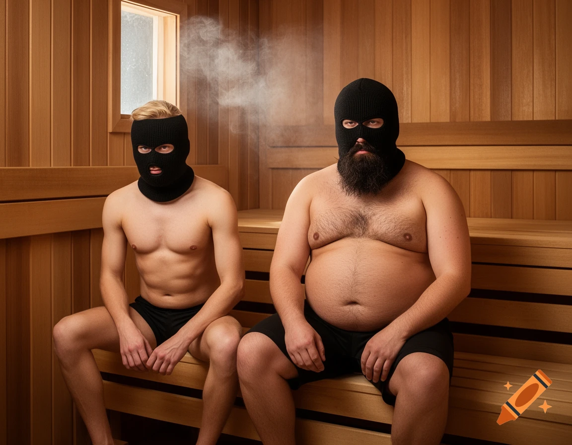 Two men in black balaclavas sit shirtless in a wooden sauna with steam rising. One man is lean and blond, the other is larger with a dark beard.