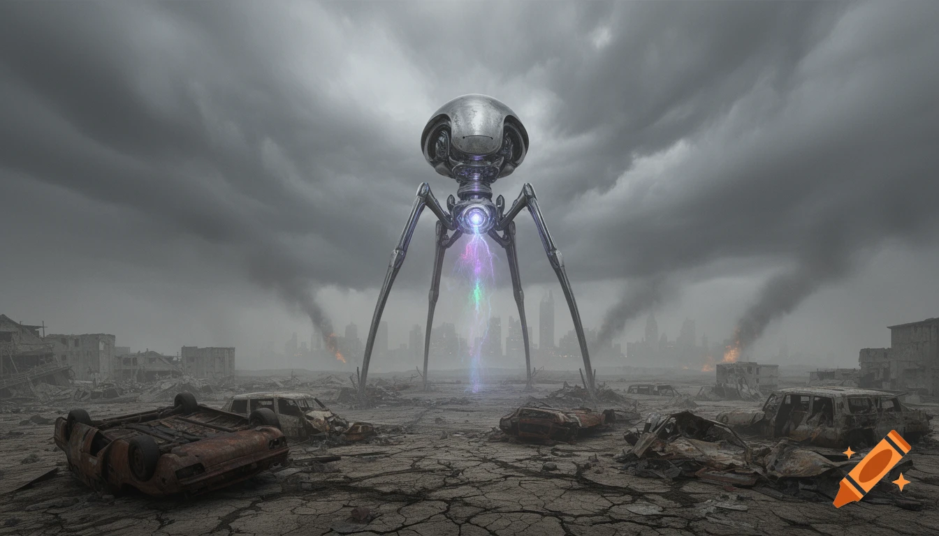 A metallic alien tripod robot stands over a desolate, destroyed city with burning buildings and wrecked cars under a stormy sky.
