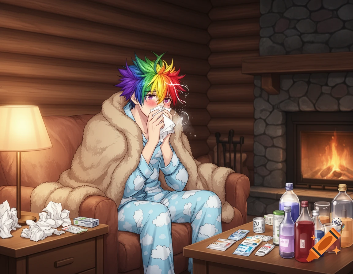 Anime character with rainbow spiky hair sneezing into a tissue, wrapped in a blanket on a couch in a log cabin, surrounded by medicines.