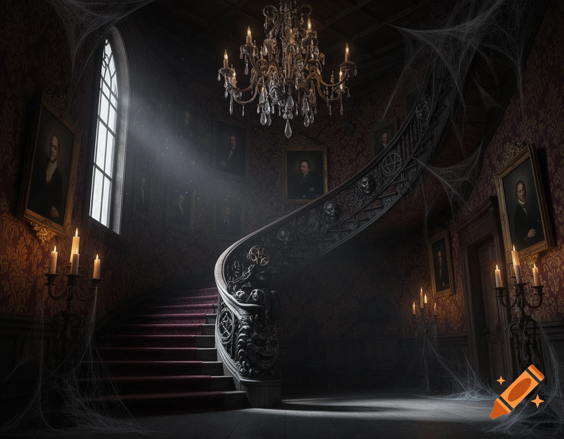 Dark, eerie gothic mansion interior with a grand curving staircase, ornate chandelier, portraits, glowing candles, and extensive spiderwebs.