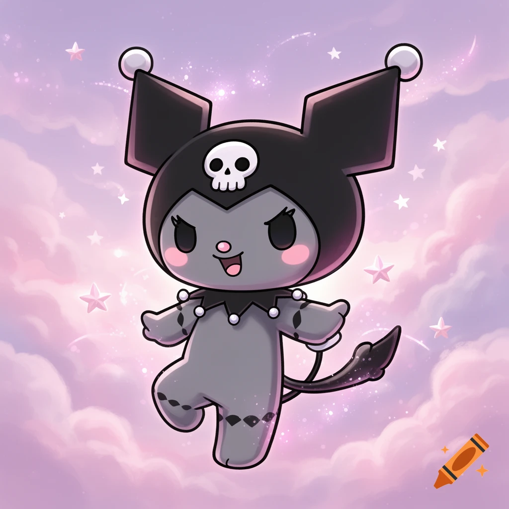 A cute, cartoonish Kuromi character with a skull on her head, jester collar, and devil tail, floats in a pink cloud and star-filled sky.