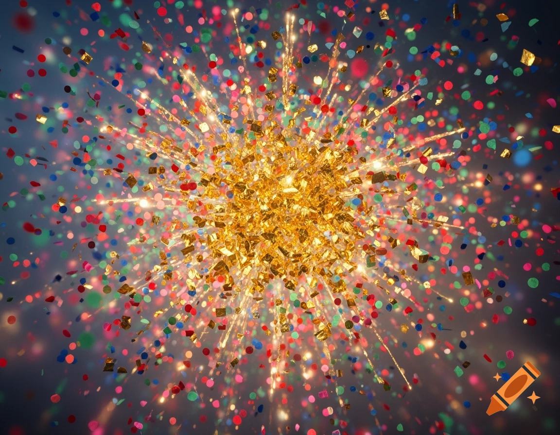 A vibrant explosion of golden glitter and colorful confetti bursts outwards against a dark background, resembling a firework.