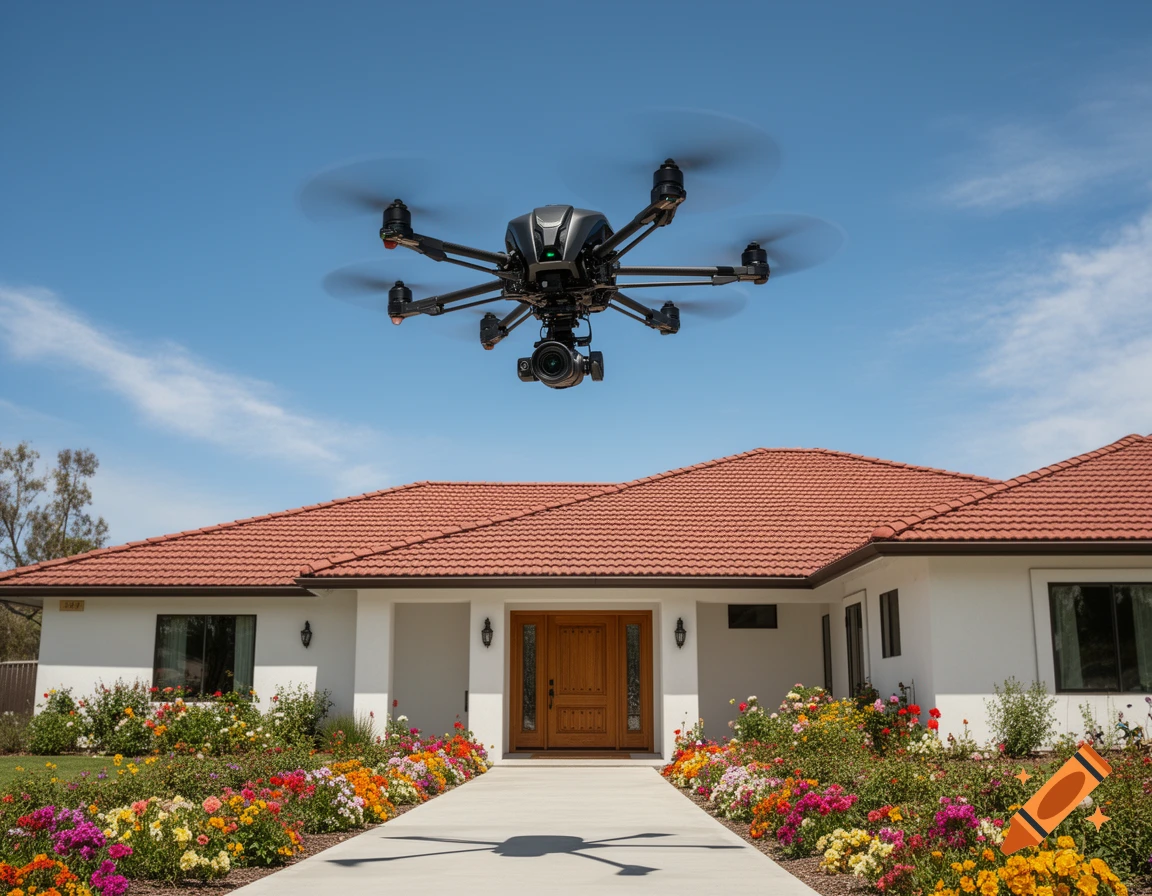 A professional photography drone hovers over a white house with a red-tiled roof and a vibrant flower garden under a blue sky.