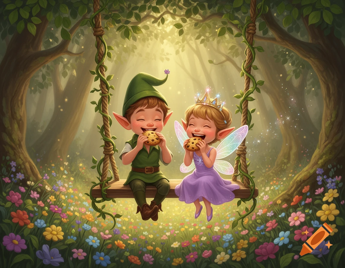 Cartoon elf boy and fairy princess joyfully eat cookies on a vine swing in a sunlit, flower-filled forest.