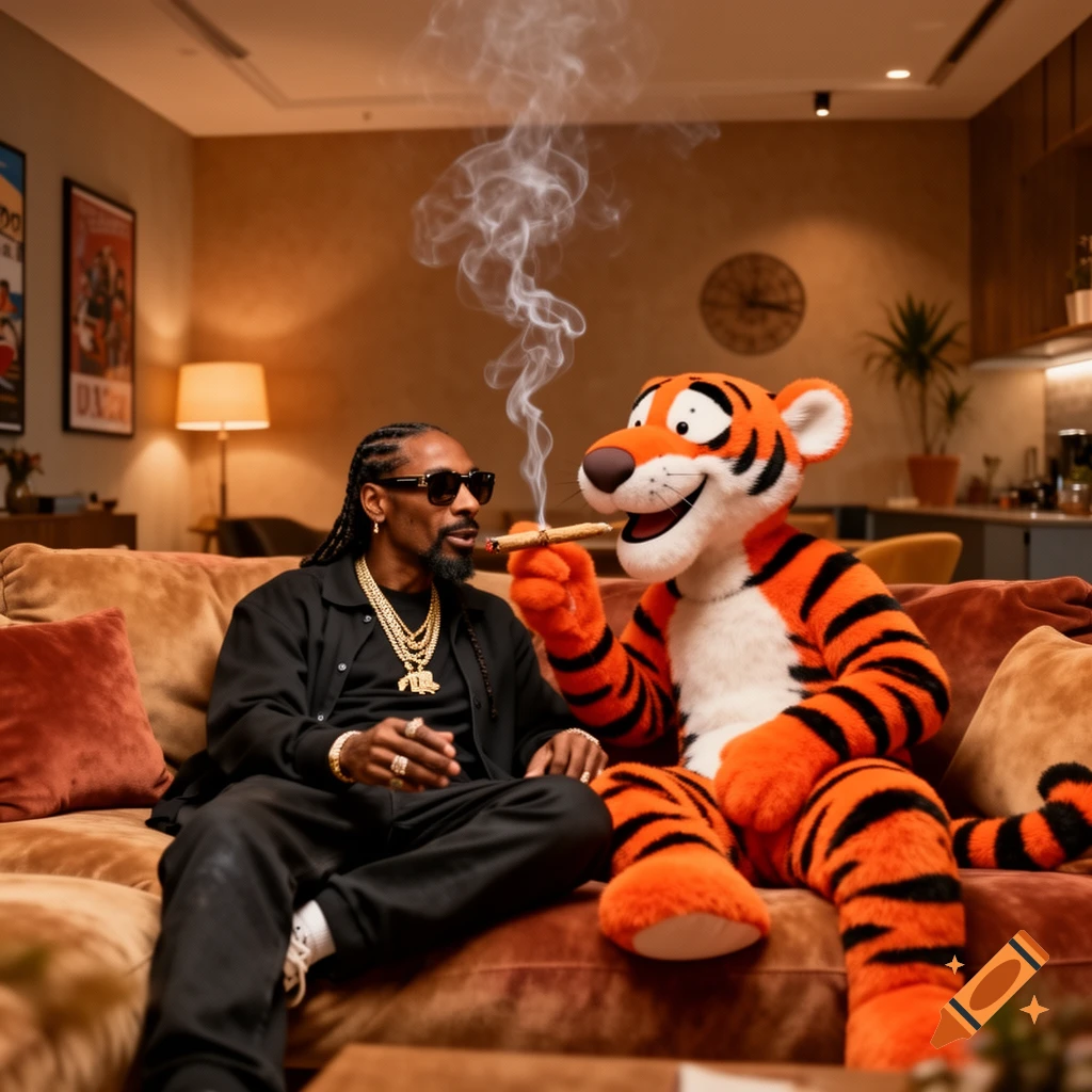 Snoop Dogg and a friendly orange tiger mascot sit on a brown couch, sharing a blunt with smoke rising, in a cozy living room.