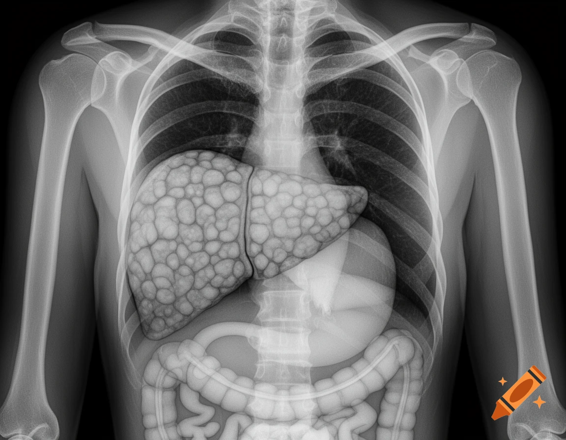 Black and white X-ray image of a human torso, showing the skeletal structure and internal organs, with a nodular liver indicating cirrhosis.
