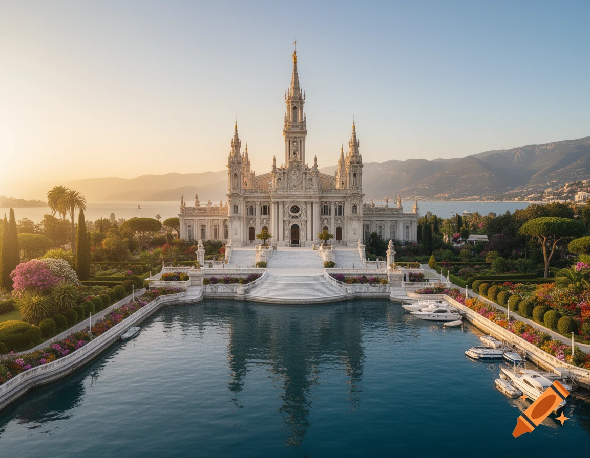 A grand white palace with ornate spires stands by a harbor with boats, surrounded by lush gardens and mountains at sunset.