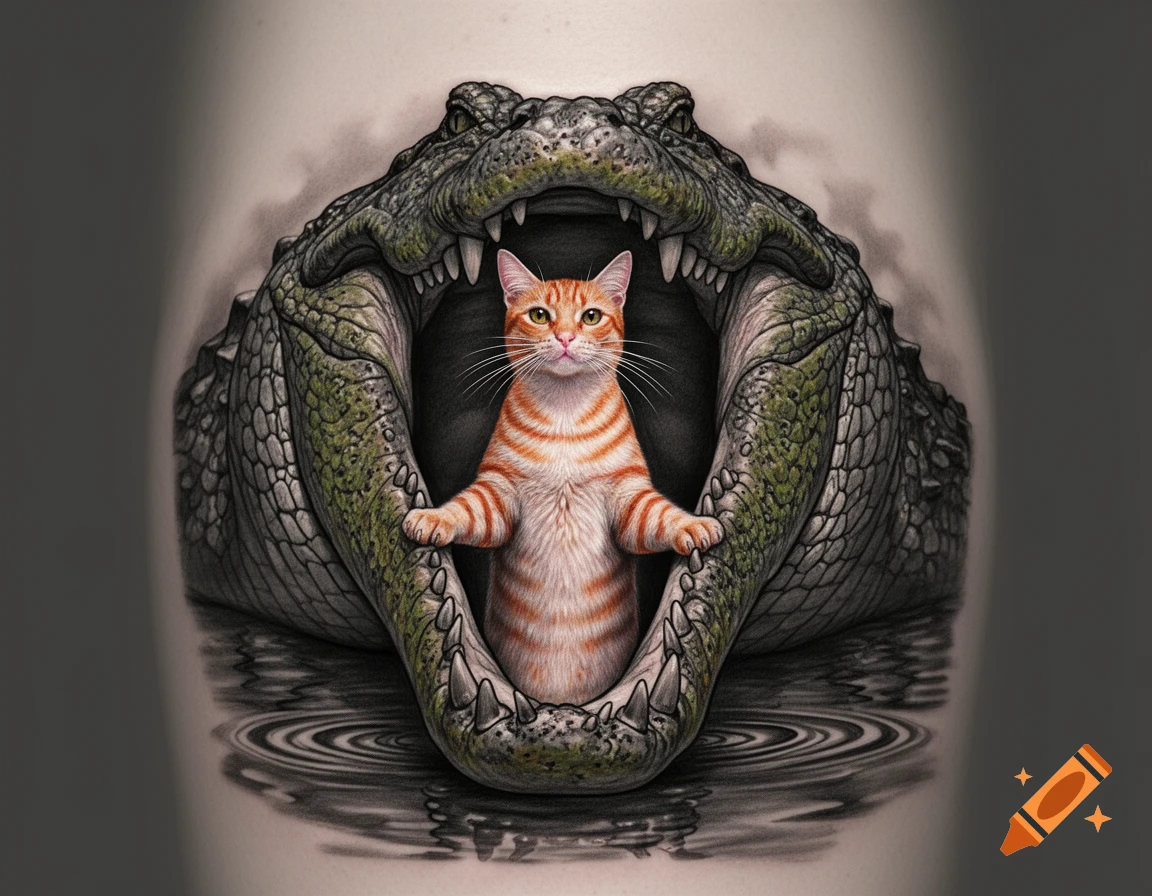 Highly detailed illustration of an orange tabby cat standing calmly inside the wide-open jaws of a crocodile, reflected in water.