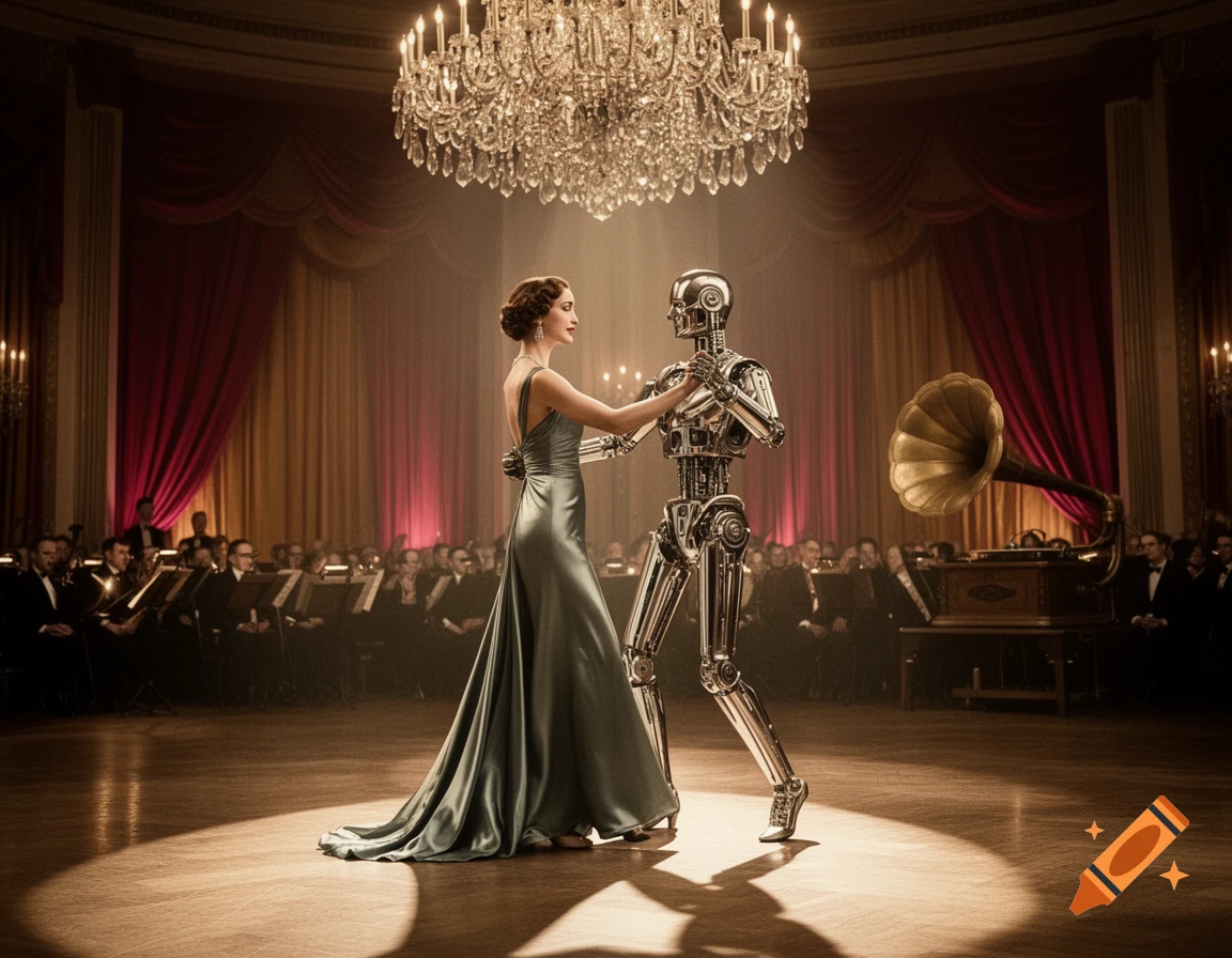 A woman in a green gown dances with a chrome robot in a grand vintage ballroom under a sparkling chandelier.