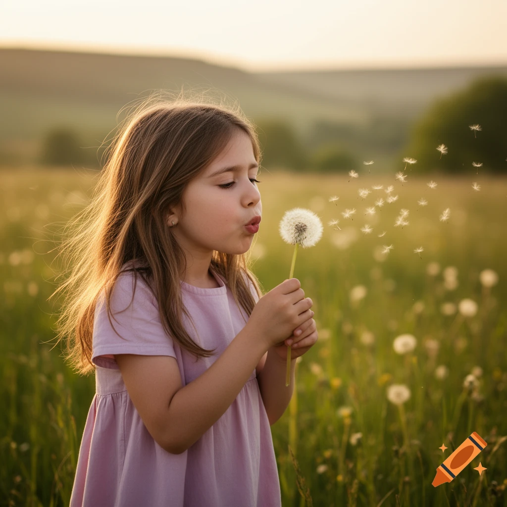 Young girl in a pink dress blowing a dandelion in a sunlit green field ...