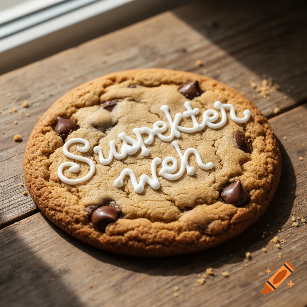 A close-up of a chocolate chip cookie on a wooden surface, with white icing spelling out 'Suspekter weh'.