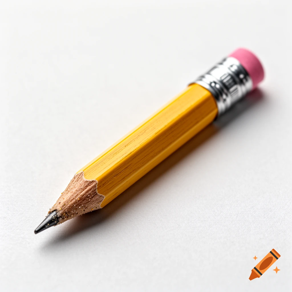 Close-up of a sharp, yellow pencil with a pink eraser on a white background.