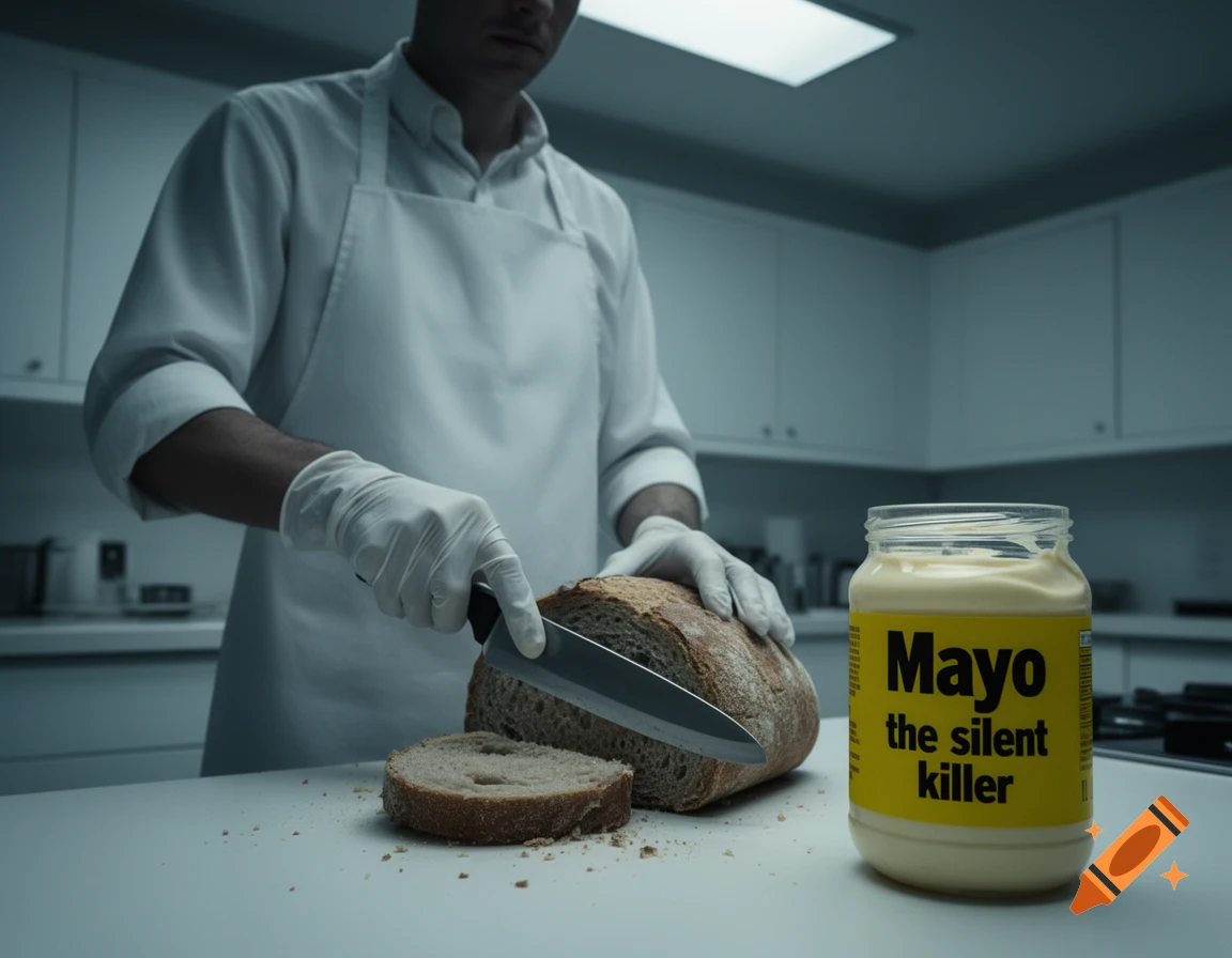 A person in an apron and gloves slices a loaf of bread in a kitchen, next to a jar labeled 'Mayo the silent killer'.